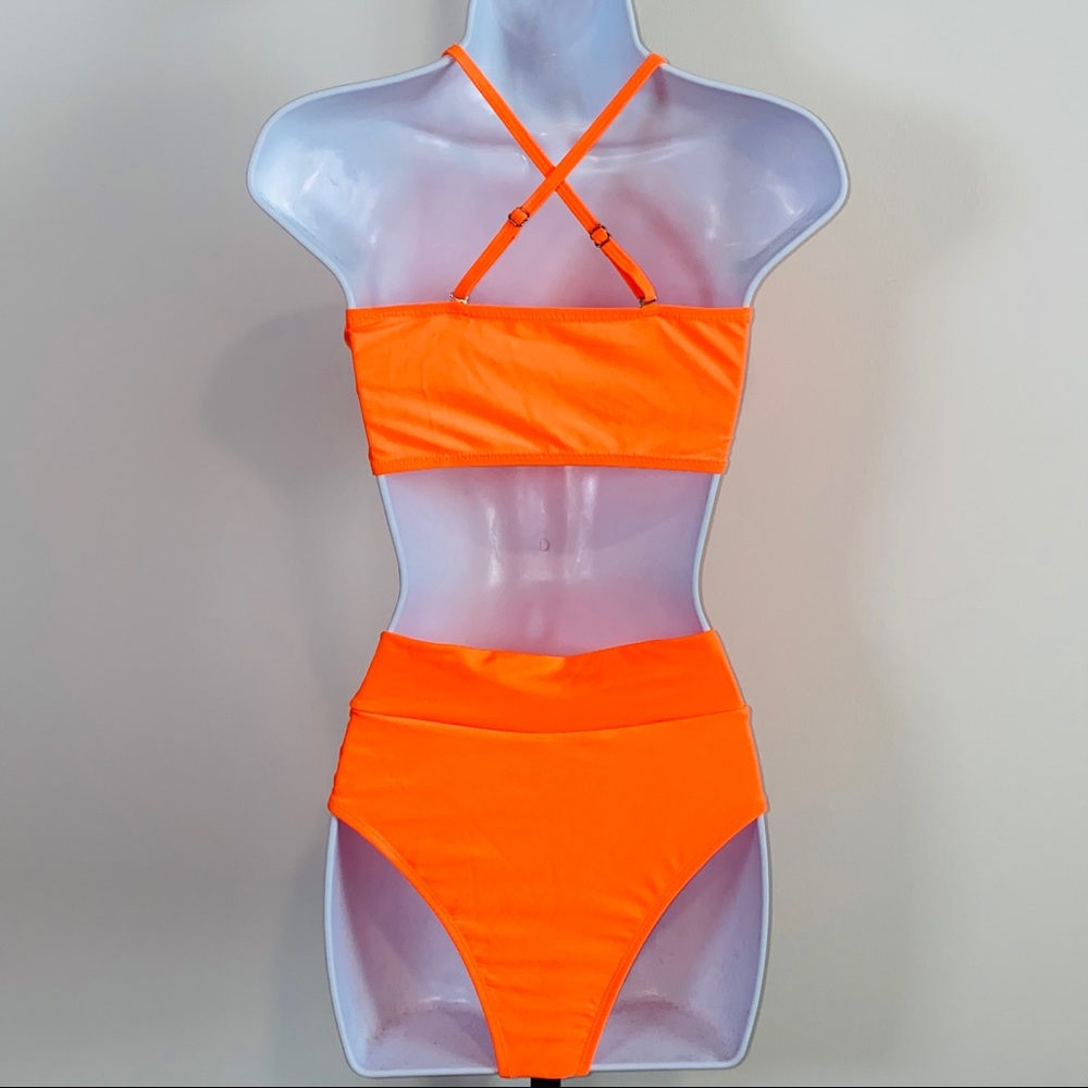 Neon Orange 2 Pc Bathing Suit Bikini High Waisted Padded  Size S   NWOT - Picture 3 of 12